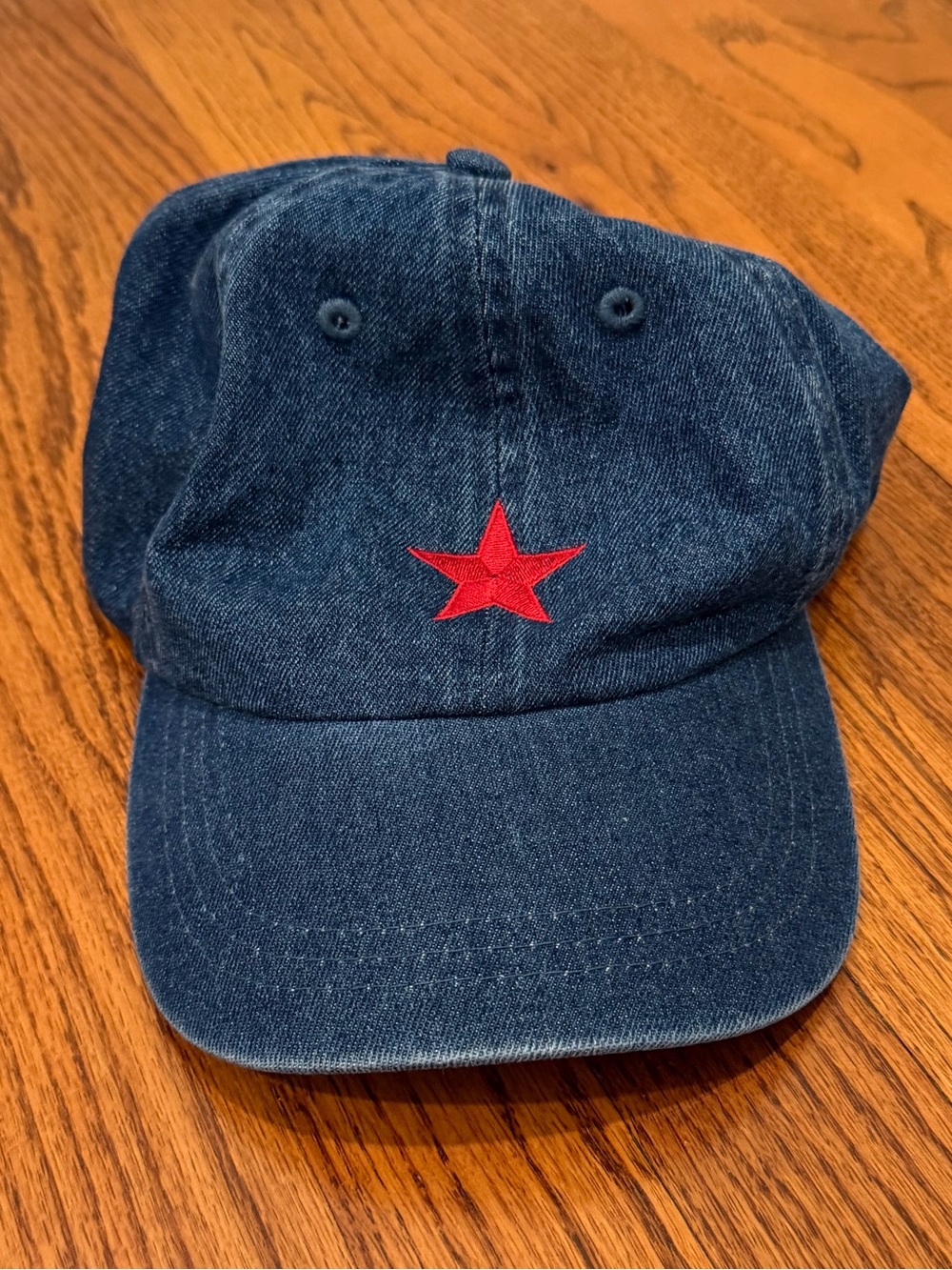 Denim Baseball Cap with Red Star Embroidery